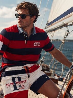 US-93 Polo Men's Red & Navy Stripe Rugby Shirt and 12 M Yacht Challenge Shorts